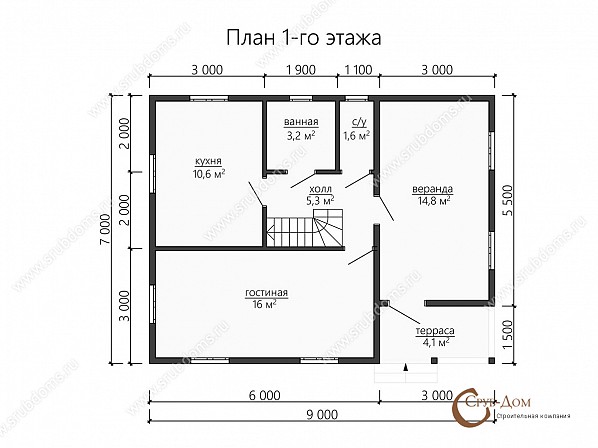Планы проект деревянного дома 9x7. План 1-го этажа