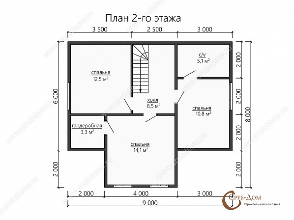 Планы проект брусового дома 9x8. План 2-го этажа 