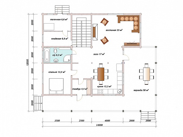 Планы проект дома из бруса 12x14. План 1-го этажа