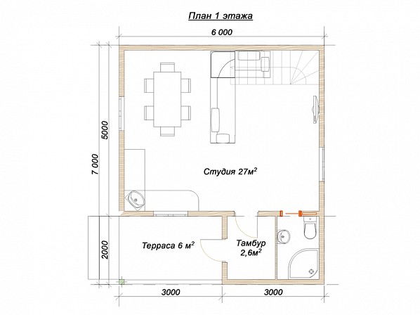 Планы проект дома из бруса 6x7. План 1-го этажа