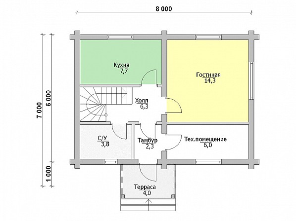 Планы br-10 дом из бревна 6x8 м. План 1-го этажа