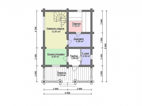 Планы br-14 дом из бревна 6x9 м. План 1-го этажа