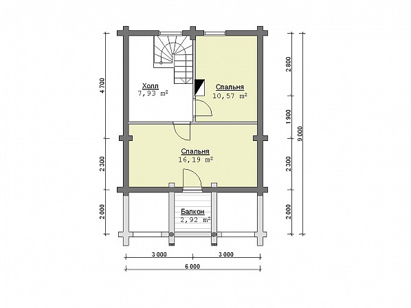 Планы br-14 дом из бревна 6x9 м. План 2-го этажа 