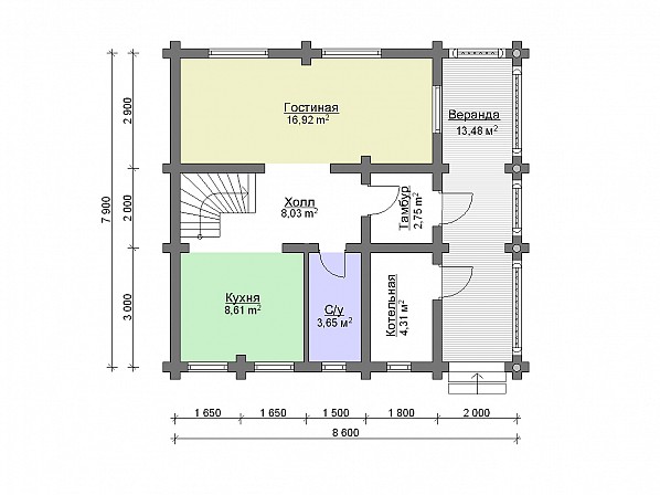 Планы br-4 дом из бревна 8x9 м. План 1-го этажа