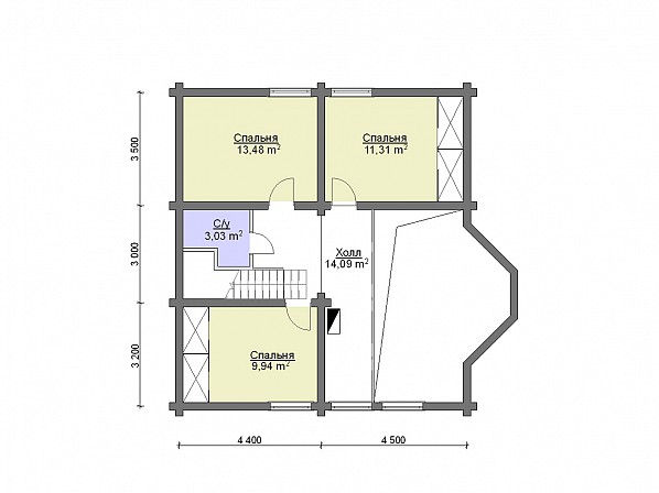 Планы br-8 дом из бревна 10x14 м. План 2-го этажа 