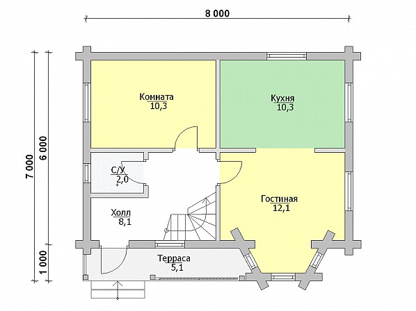 Планы br-9 дом из бревна 8x7 м. План 1-го этажа