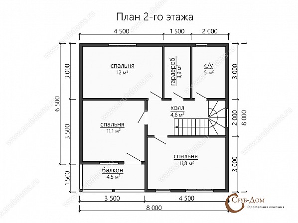 Планы проект деревянного дома 8x8. План 2-го этажа 