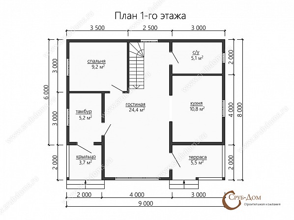 Планы проект брусового дома 9x8. План 1-го этажа