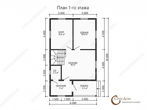 Планы проект дома из бруса 6x10. План 1-го этажа