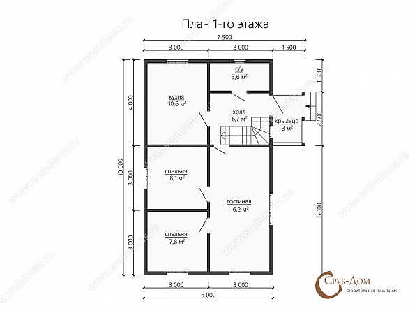 Планы проект дома из бруса 10x7,5. План 1-го этажа