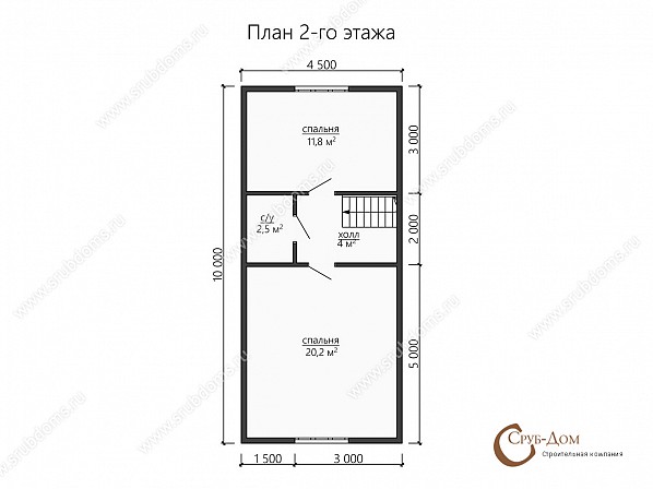 Планы проект дома из бруса 10x7,5. План 2-го этажа 
