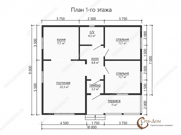Планы проект дома из бруса 10x9. План 1-го этажа