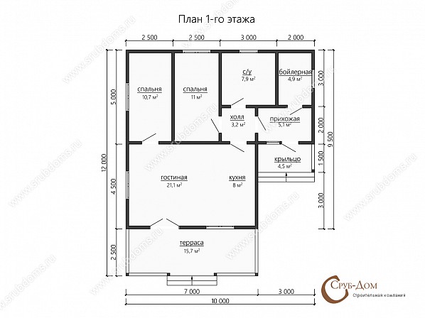 Планы проект дома из бруса 10x12. План 1-го этажа