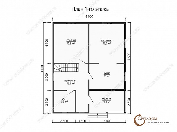 Планы проект дома из бруса 10x8. План 1-го этажа