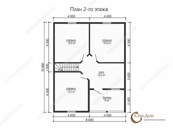 Планы проект дома из бруса 10x8. План 2-го этажа 