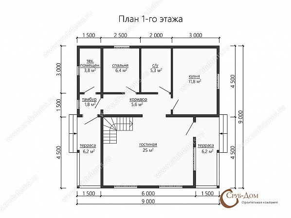 Планы проект загородного дома 9x9. План 1-го этажа