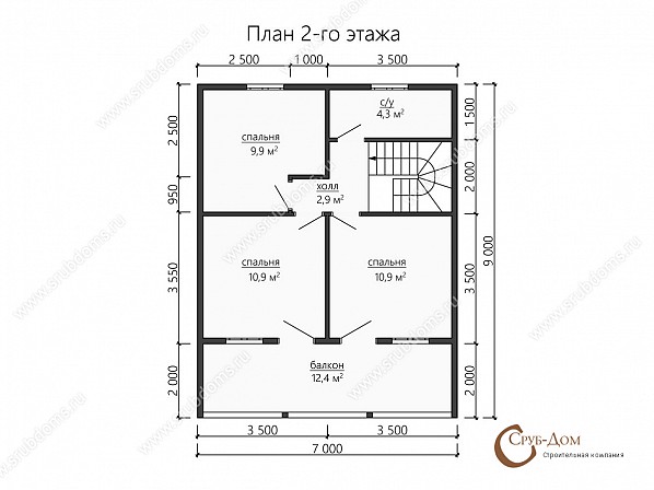 Планы проект загородного дома 7x9. План 2-го этажа 