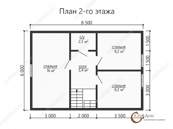 Планы проект дома из бруса 8,5x9,5. План 2-го этажа 