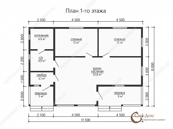 Планы проект дома из бруса 8x11,5. План 1-го этажа