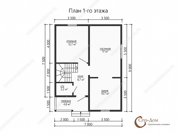 Планы проект дачного дома 7x9. План 1-го этажа