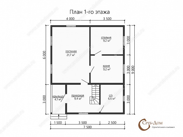 Планы проект дома из бруса 9x7,5. План 1-го этажа