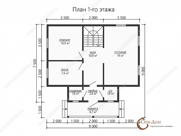 Планы проект деревянного дома 9x9. План 1-го этажа