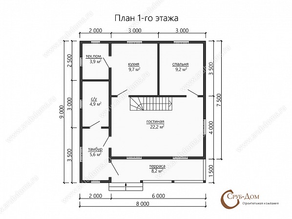 Планы проект деревянного дома 9x8. План 1-го этажа