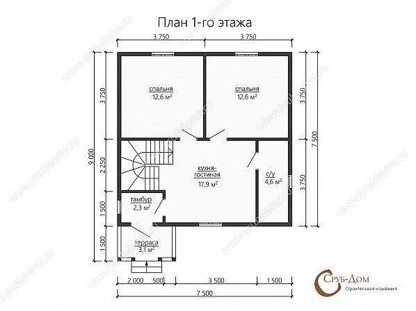 Планы проект брусового дома 7,5x7,5. План 1-го этажа