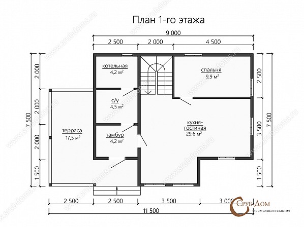 Планы проект дома из бруса 7,5x11,5. План 1-го этажа