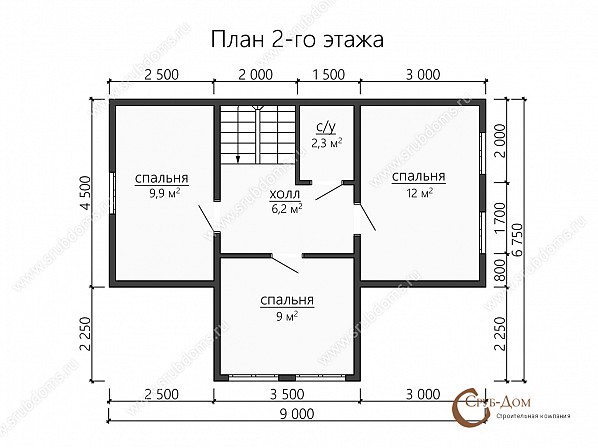 Планы проект дома из бруса 7,5x11,5. План 2-го этажа 