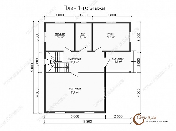 Планы проект дома из бруса 9x8,5. План 1-го этажа