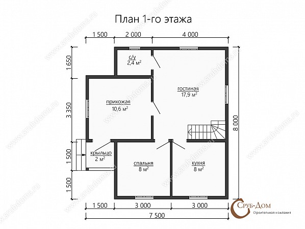 Планы проект деревянного дома 8x7,5. План 1-го этажа