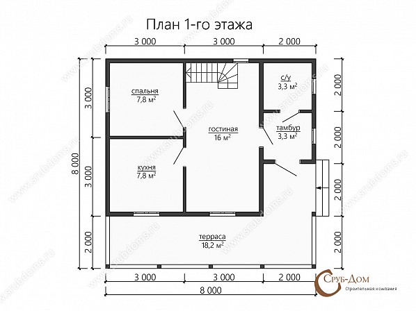 Планы проект брусового дома 8x8. План 1-го этажа