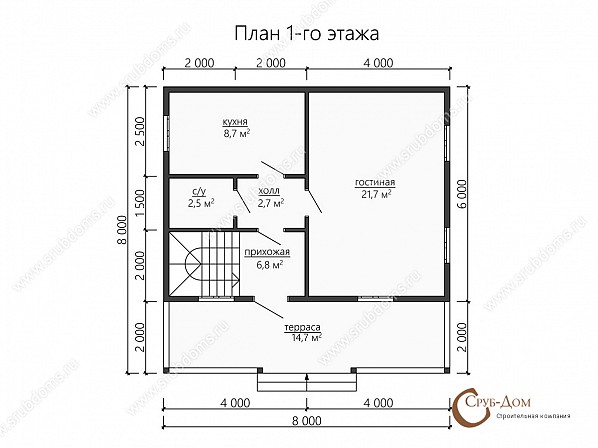 Планы проект дома из бруса 8x8. План 1-го этажа