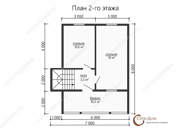 Планы проект дома из бруса 8x8. План 2-го этажа 