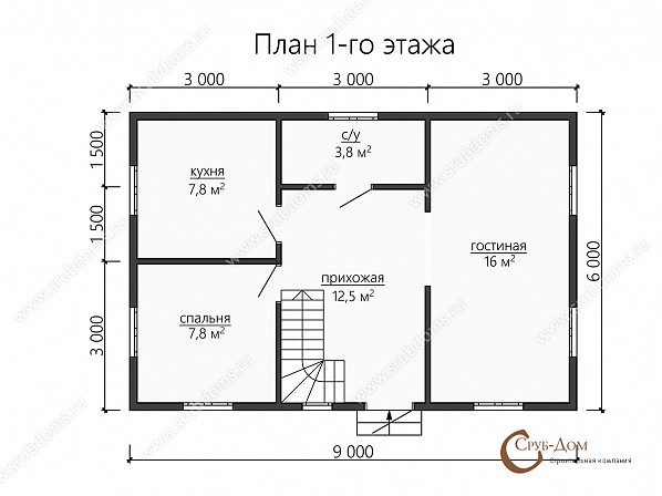 Планы проект дома из бруса 9x6. План 1-го этажа