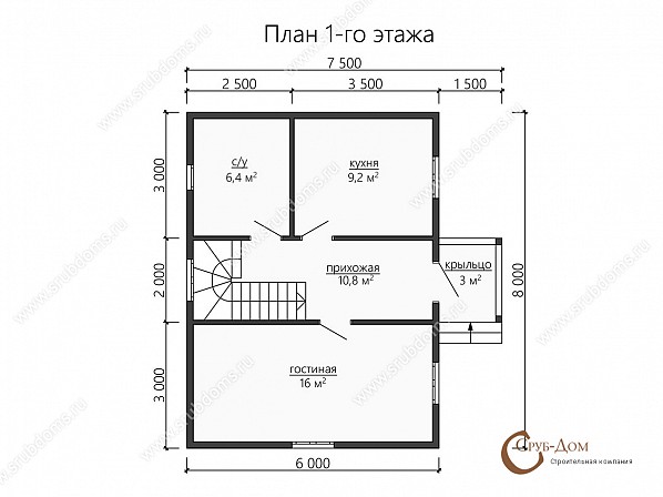 Планы проект брусового дома 8x7,5. План 1-го этажа