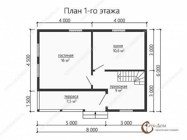 Планы проект деревянного дома 8x6. План 1-го этажа