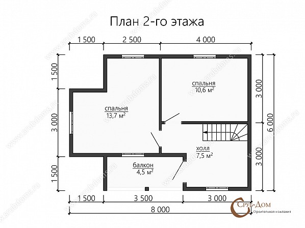 Планы проект деревянного дома 8x6. План 2-го этажа 
