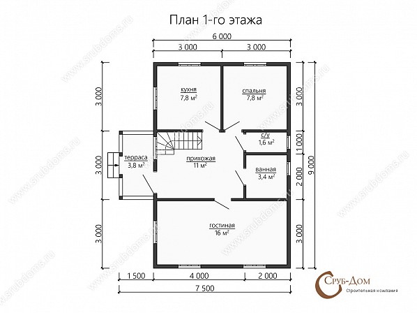 Планы проект брусового дома 9x7,5. План 1-го этажа