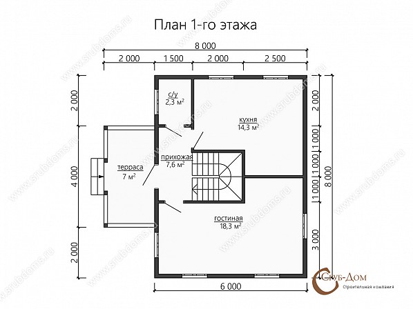Планы проект загородного дома 8x8. План 1-го этажа