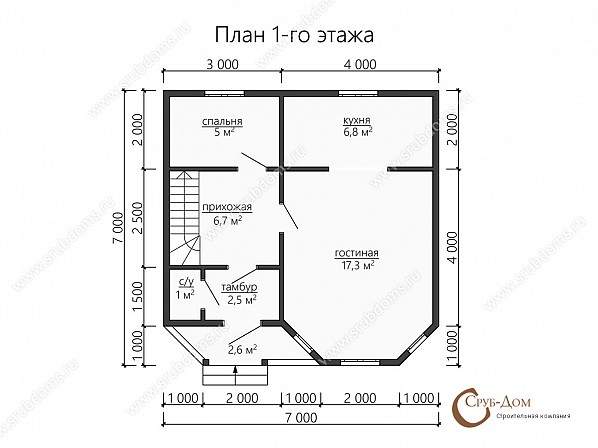 Планы проект брусового дома 7x7. План 1-го этажа