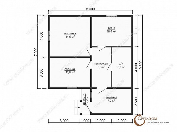 Планы проект брусового дома 8x9,5. План 1-го этажа