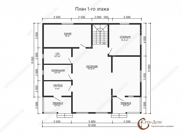 Планы проект дома из бруса 11x12. План 1-го этажа
