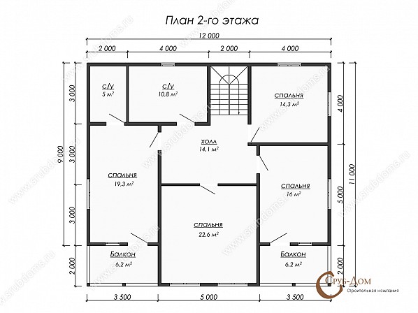 Планы проект дома из бруса 11x12. План 2-го этажа 