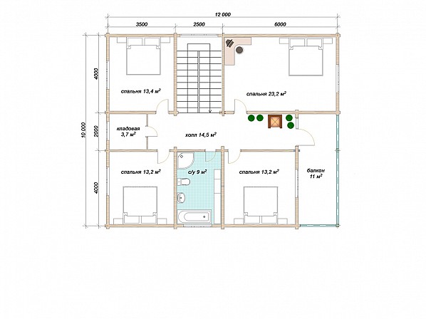 Планы проект дома из бруса 12x14. План 2-го этажа 