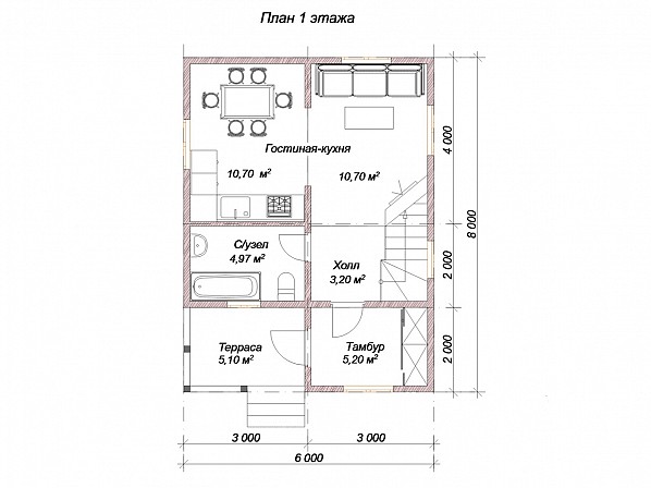 Планы проект брусового дома 6x8. План 1-го этажа