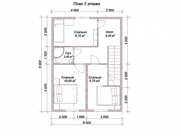 Планы проект брусового дома 6x8. План 2-го этажа 
