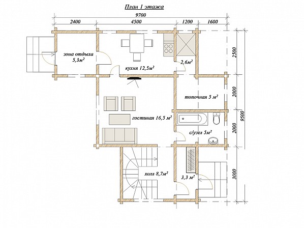 Планы проект дома из бруса 9,5x12,5. План 1-го этажа