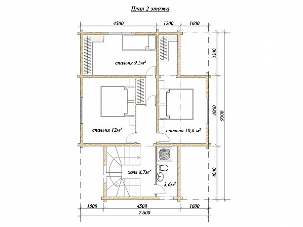 Планы проект дома из бруса 9,5x12,5. План 2-го этажа 